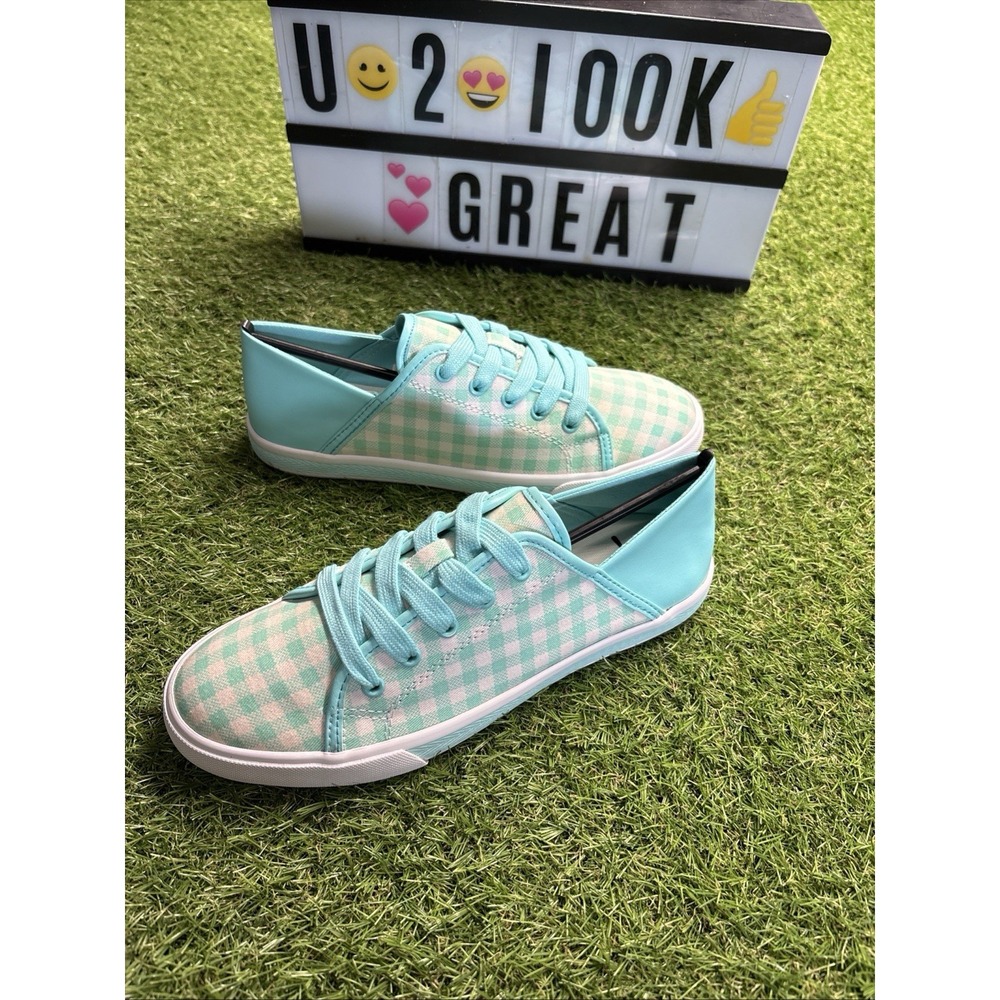 Isaac Mizrahi Live 7.5 M Gingham Canvas Checkered Teal White‎ Women's Shoes
